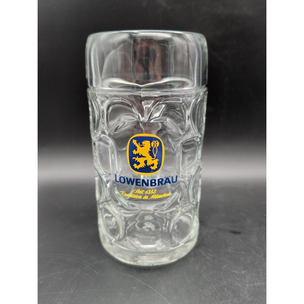 Vintage Lowenbrau Glass Beer Mug Stein Dimpled 8" München Brau Tradition 1 Liter